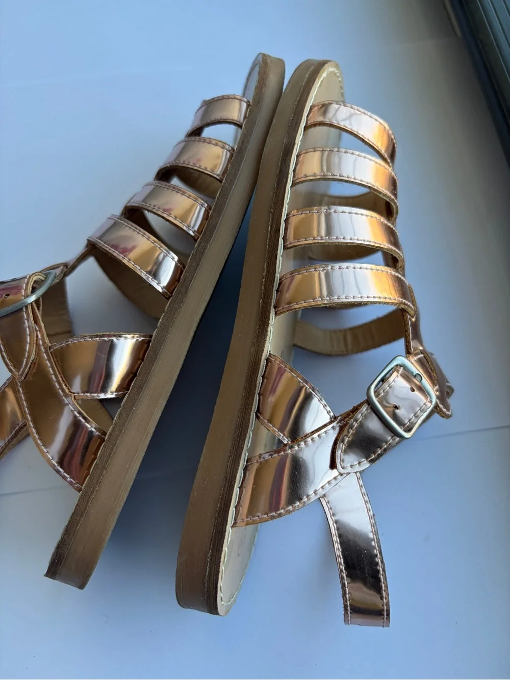 Mini Boden Girls Metallic Shiny Rose Gold Gladiator Sandals with Buckle